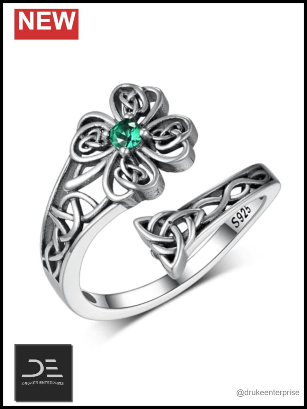 925 Sterling Silver Four Leaf Clover Ring Adjustable Thumb Ring Irish Luck